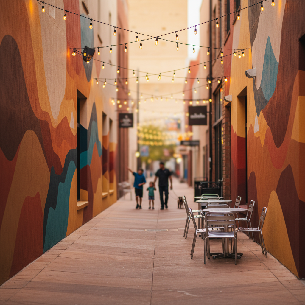 Evening view down a Grand Junction, Colorado downtown alley with colorful murals, string lights, and a small patio seating area as people walk past with a leashed dog.