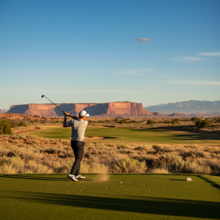 Golfer teeing off on a high-desert course near Grand Junction, Colorado, with red rock mesas in the distance at sunset