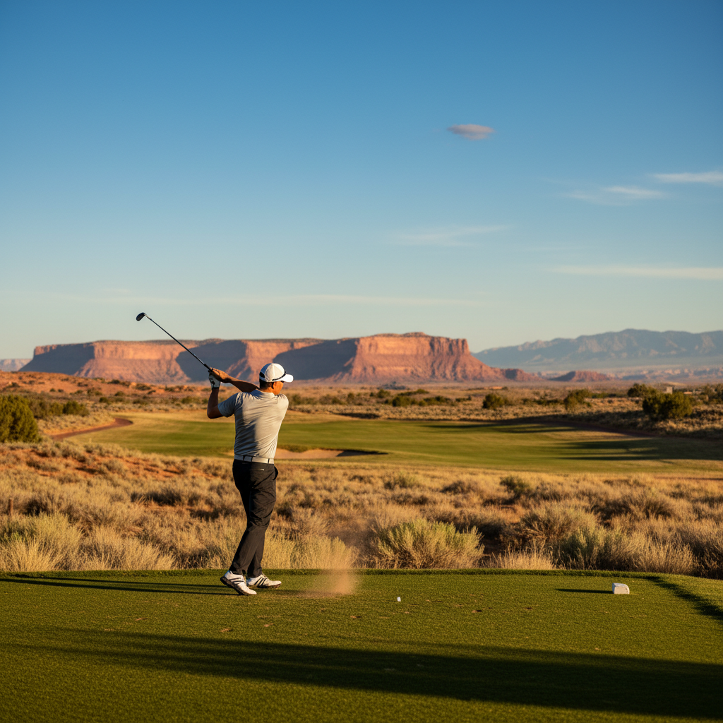 Golfer teeing off on a high-desert course near Grand Junction, Colorado, with red rock mesas in the distance at sunset