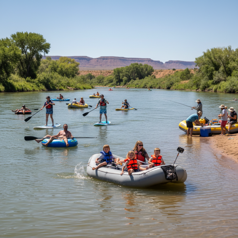 Families tubing, paddleboarders, and a raft float with wide spacing on the Colorado River near Grand Junction, Colorado, while one craft passes safely and an angler fishes from the bank.