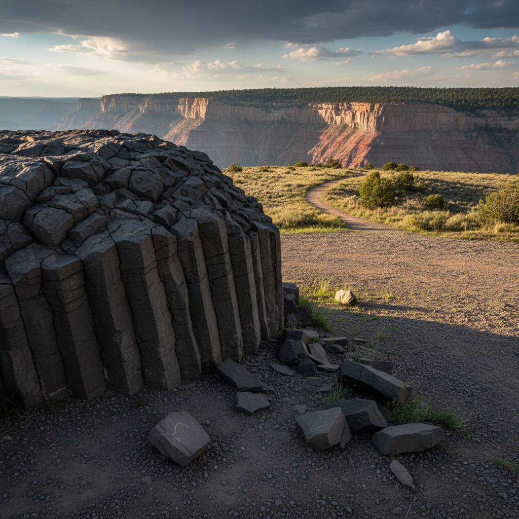 Close-up of Grand Mesa basalt caprock near Grand Junction, Colorado, showing columnar jointing lines and broken hexagon-shaped basalt pieces with a mesa rim in the background