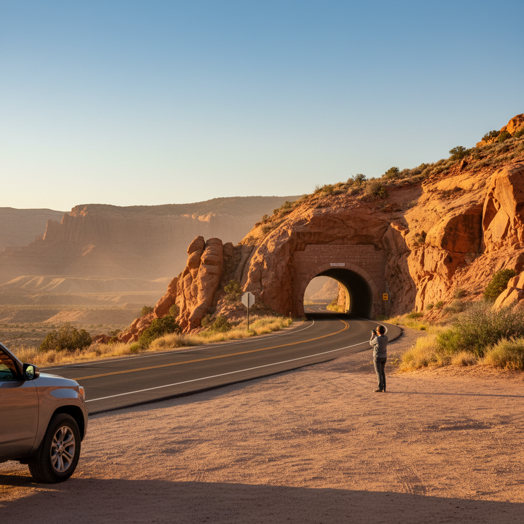 Golden-hour view of a red sandstone tunnel along a scenic road near Grand Junction, Colorado, with a safe pullout and a photographer standing off the roadway.