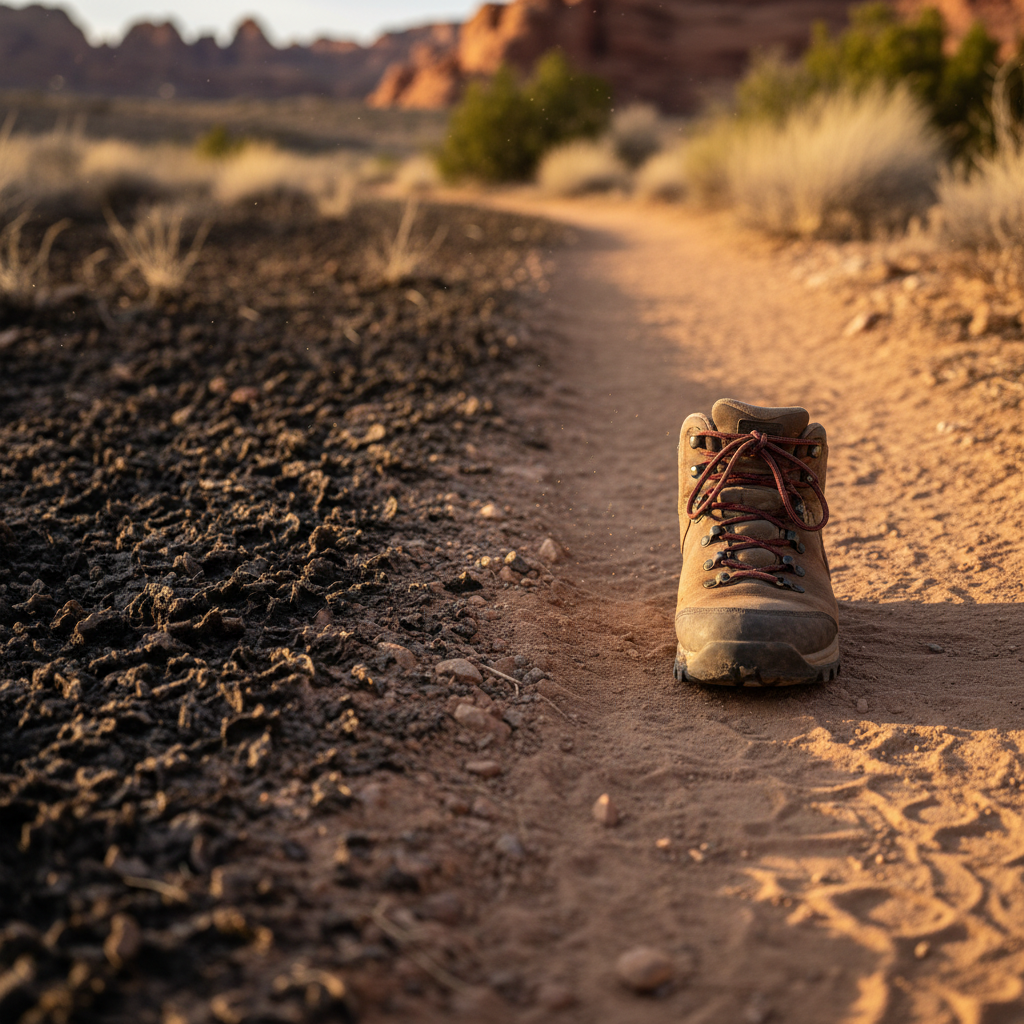 Close-up of a Colorado National Monument trail near Grand Junction showing a hiker’s boot on hard-packed tread beside fragile biological soil crust and lichen-covered soil.