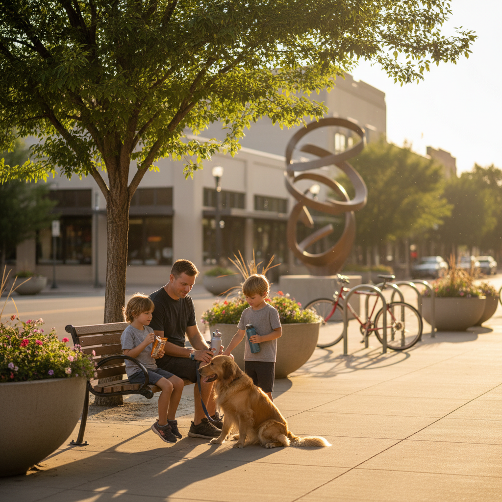 Family with two children and a leashed dog taking a snack break on a shaded bench in a small downtown Grand Junction, Colorado pocket park with planters and bike rack nearby