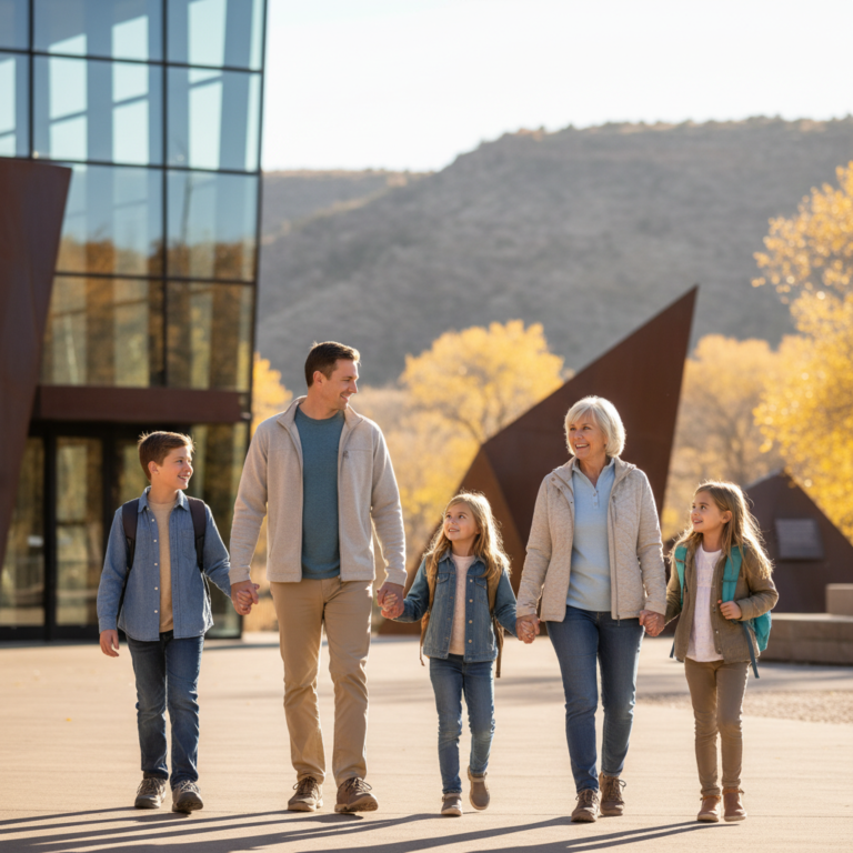 Multigenerational family with kids and a grandparent walking toward a modern museum entrance in Grand Junction, Colorado on a sunny day