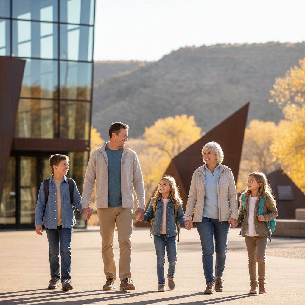 Multigenerational family with kids and a grandparent walking toward a modern museum entrance in Grand Junction, Colorado on a sunny day