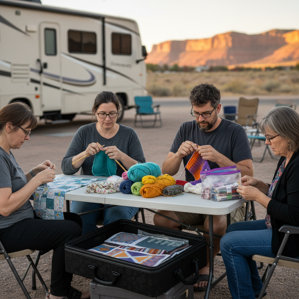 Fiber artists quilt, knit, and crochet at a picnic table outside an RV in Grand Junction, Colorado, with yarn, fabric, and project kits in warm afternoon light.