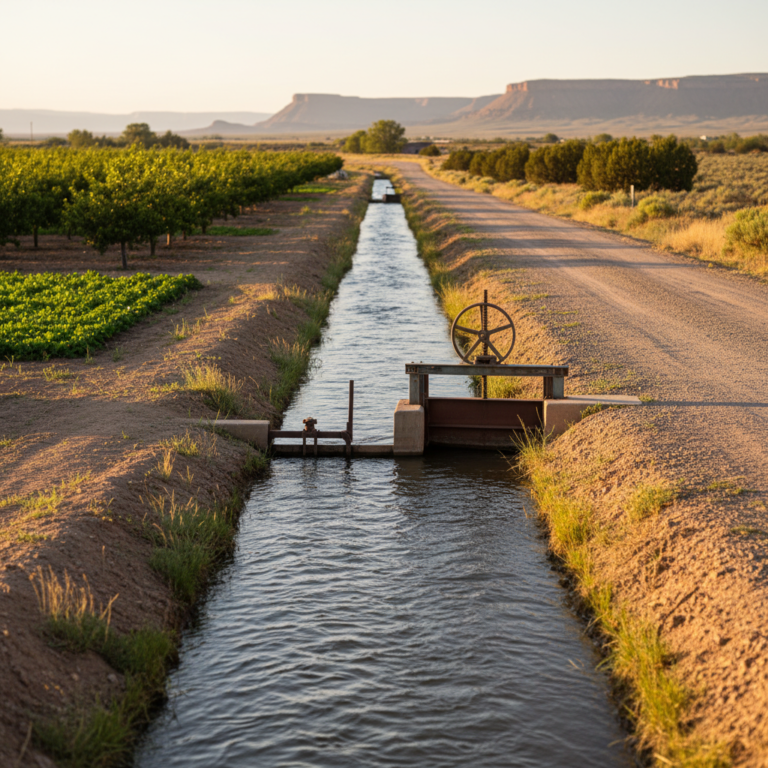 Irrigation canal with a metal headgate beside green orchard rows in the Grand Junction, Colorado area at golden hour