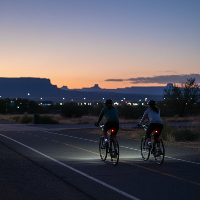 Two cyclists ride a paved bike lane at dusk in Grand Junction, Colorado, using bright front and rear lights and reflective ankle bands.