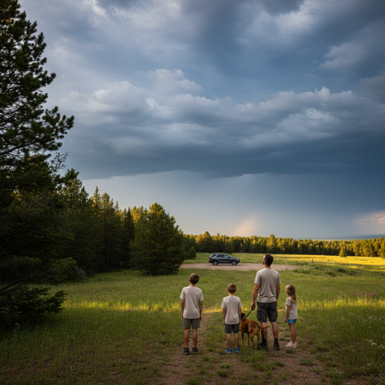 Family hikers with a leashed dog turn back on a forest trail near Grand Junction, Colorado as dark thunderstorm clouds build over open Mesa terrain, with their parked car visible in the distance.