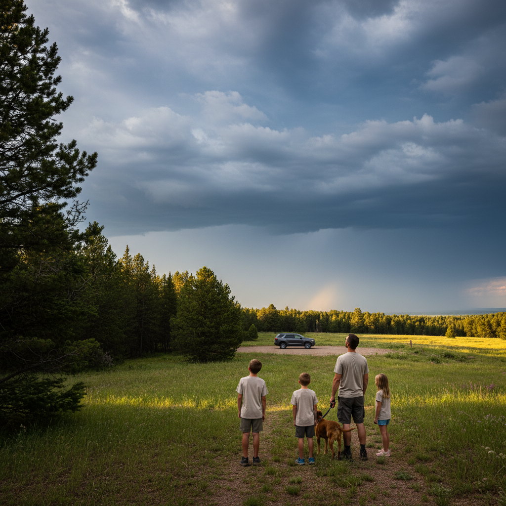 Family hikers with a leashed dog turn back on a forest trail near Grand Junction, Colorado as dark thunderstorm clouds build over open Mesa terrain, with their parked car visible in the distance.