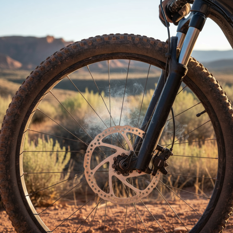 Close-up of a mountain bike disc brake rotor and caliper on a dusty trail in Grand Junction, Colorado, with a gloved hand on the brake lever in warm desert light