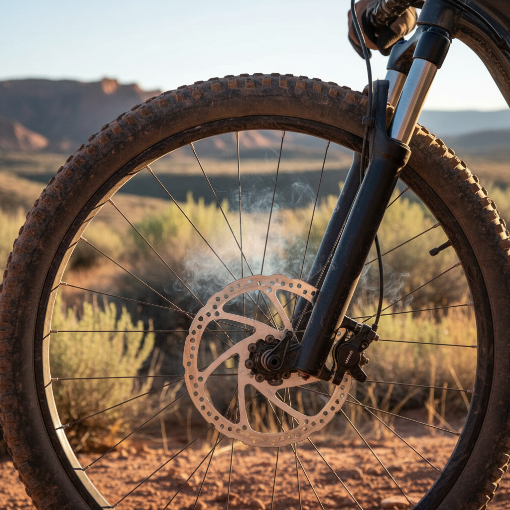 Close-up of a mountain bike disc brake rotor and caliper on a dusty trail in Grand Junction, Colorado, with a gloved hand on the brake lever in warm desert light