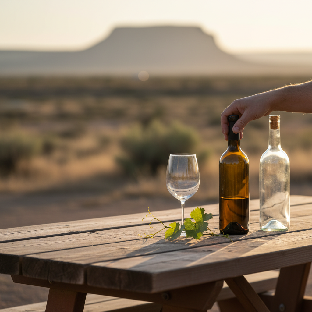 Hands rotate an unlabeled wine bottle on an outdoor picnic table in western Colorado, with a wine glass and grape leaves blurred in the background.