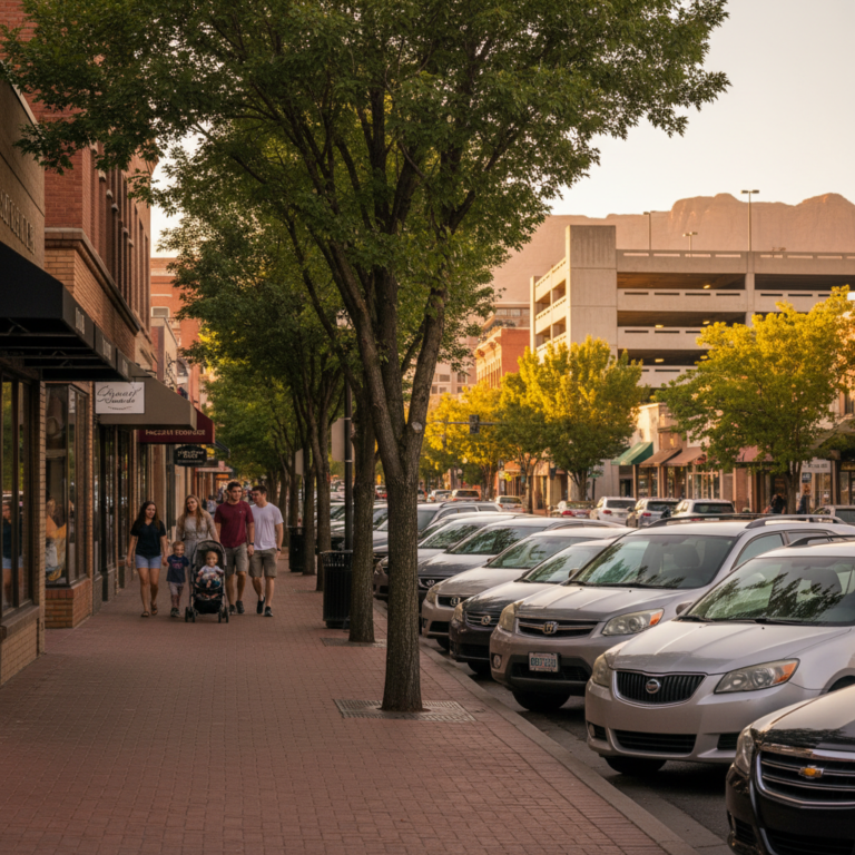 Cars parked along a tree-lined downtown street in Grand Junction, Colorado, with pedestrians and a public parking garage in the distance at sunset