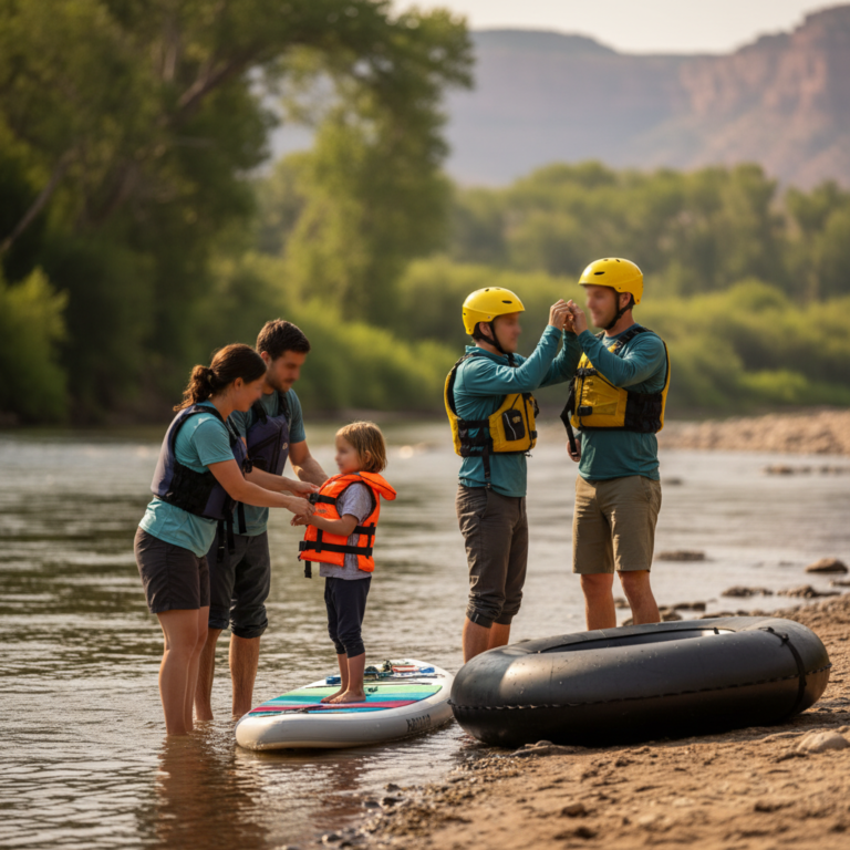 Adults help a child fit a foam life jacket and whitewater helmet beside the Colorado River near Grand Junction, Colorado, with a paddleboard and tube ready for a calm float.