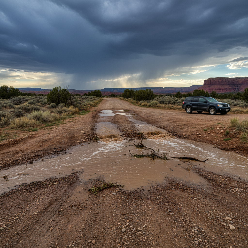 Muddy runoff crosses a dirt road near Grand Junction, Colorado as monsoon storm clouds build over desert mesas.