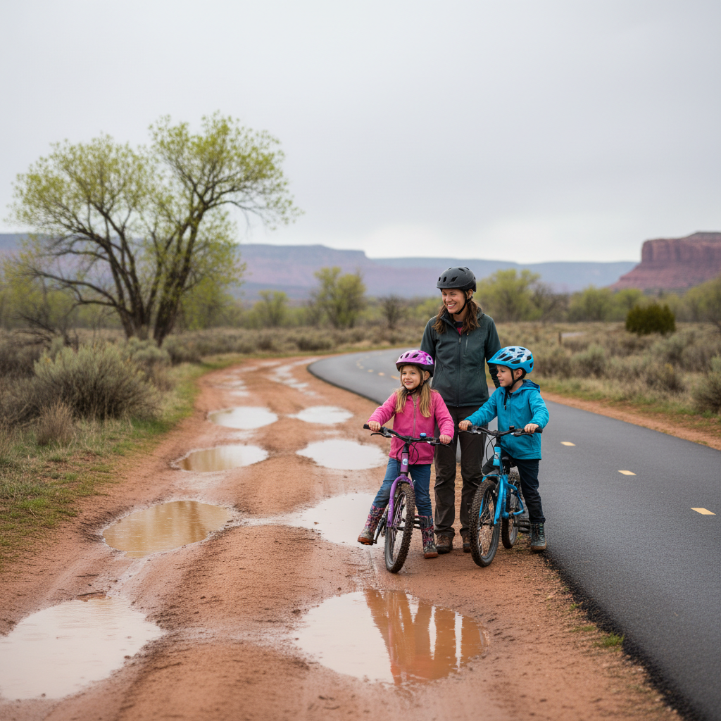 Mountain bike tire and boot prints pressed into wet muddy Grand Junction trail during spring thaw, showing deep ruts and shiny saturated soil
