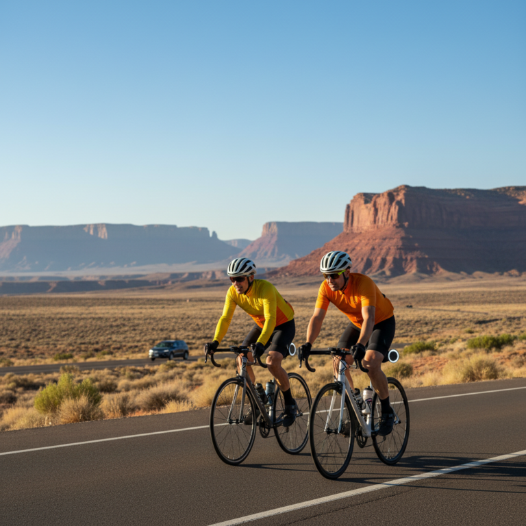 Two road cyclists ride a quiet paved shoulder in the high-desert landscape near Grand Junction, Colorado, with red-rock cliffs and distant mesas in early morning light.