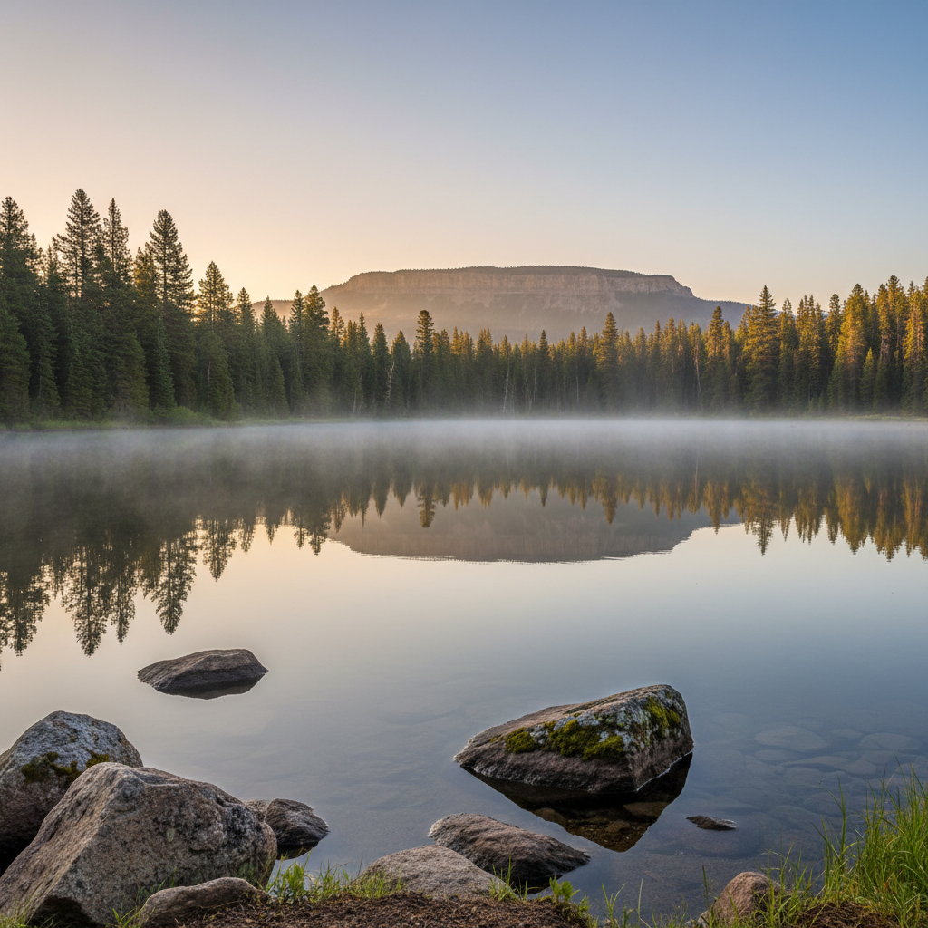 Sunrise reflections on a calm alpine lake on Colorado’s Grand Mesa near Grand Junction, with evergreen treeline mirrored in blue-green water and boulders along the shoreline