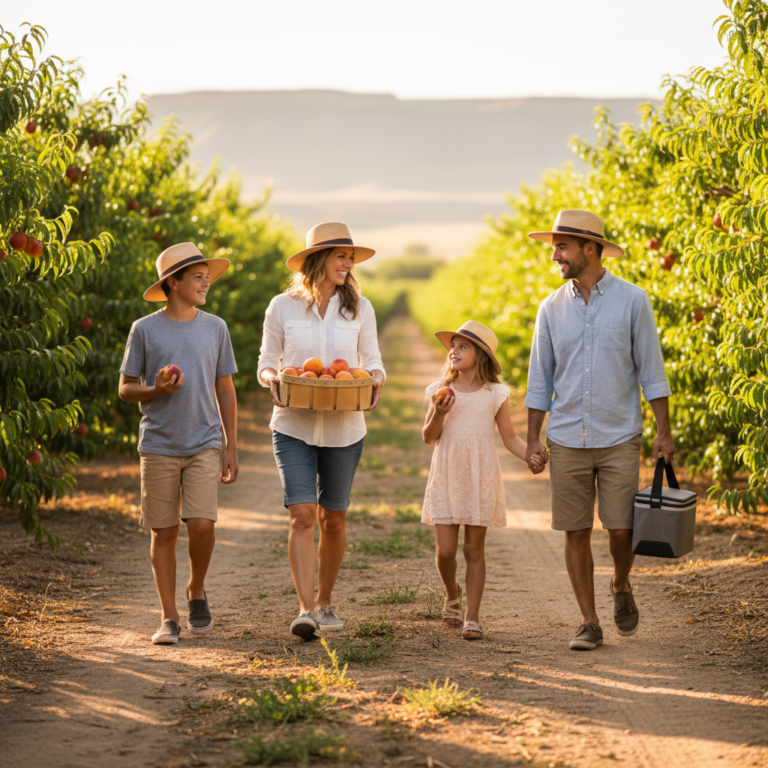 Family with kids carrying a bin of peaches in a sunlit Western Slope orchard near Grand Junction, Colorado during Palisade harvest season
