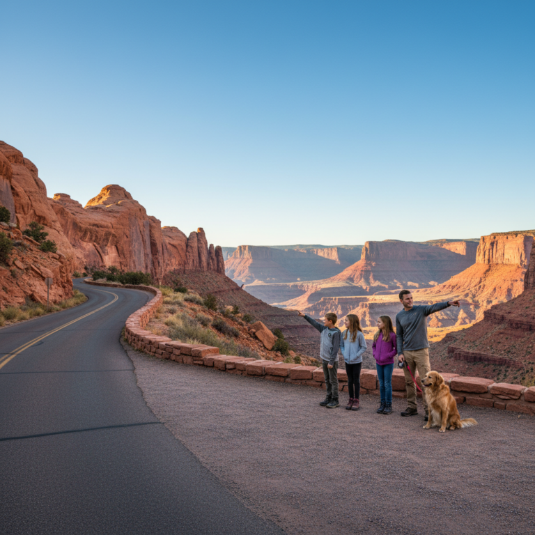 Family at a scenic pullout on a winding canyon road with stone guard walls near Grand Junction, Colorado, with a dog on leash and red rock cliffs in the background