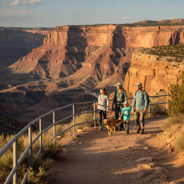 Family walking along a canyon rim overlook trail with safety railing near Grand Junction, Colorado, with red rock canyon views at golden hour and a leashed dog