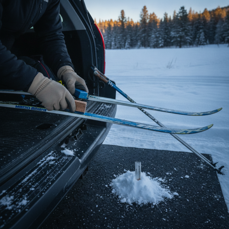 Gloved hands apply ski wax beside classic cross-country skis at a snowy trailhead near Grand Junction, Colorado, with a thermometer probe in the snow to check temperature.