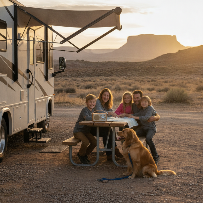 Family with kids and a leashed dog beside their RV listens to a portable radio at a campground near Grand Junction, Colorado, planning a weekend outing