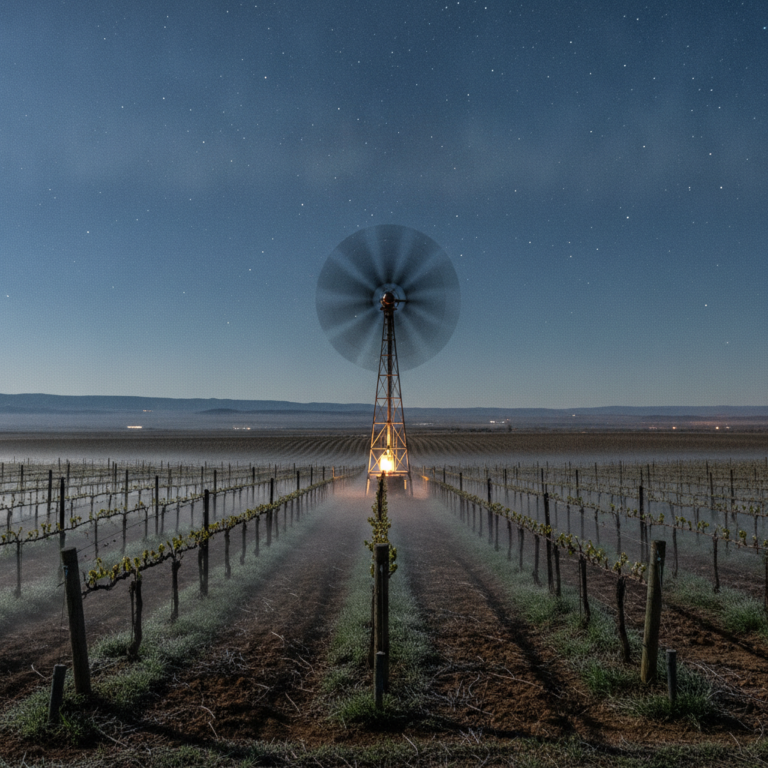 Wind machine running over grapevine rows in a Grand Valley vineyard near Grand Junction, Colorado on a clear spring night for frost protection