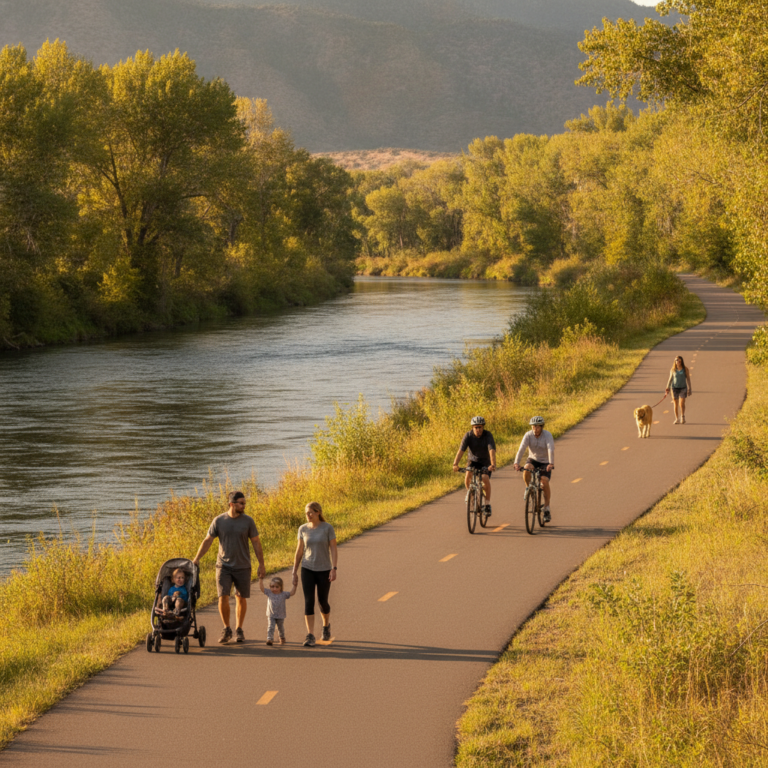 Paved Riverfront Trail along the Colorado River in Grand Junction, Colorado, with families, cyclists, and a leashed dog walker on a sunny day