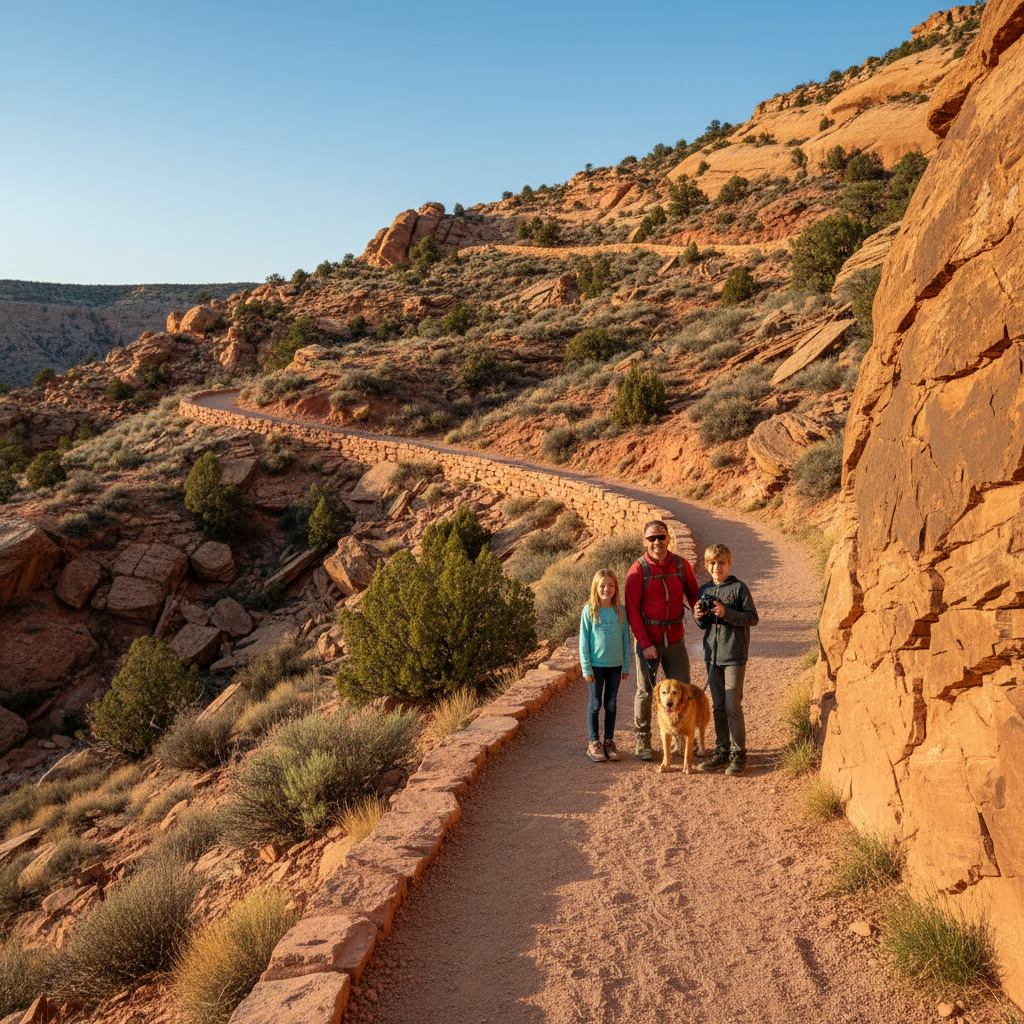 Family with kids and a leashed dog pauses on the inside of a switchback trail above a desert canyon near Grand Junction, Colorado, with multiple zigzags visible in the background.