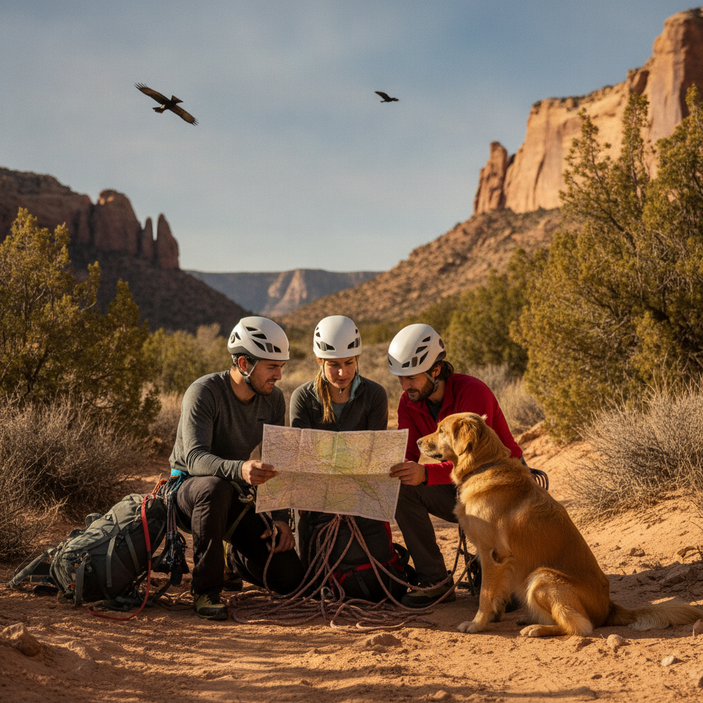 Climbers with ropes and packs consult a paper map on a desert canyon trail near Grand Junction, Colorado, with a leashed dog and a raptor circling overhead in spring.