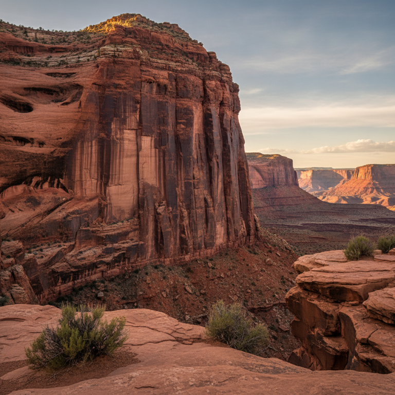 Red Wingate Sandstone cliff with visible cross-bedding in warm light near Grand Junction, Colorado