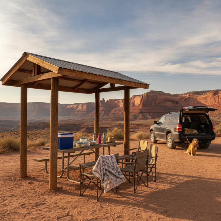 Family picnic at a shaded pavilion table overlooking a red-rock desert canyon near Grand Junction, Colorado, with cooler, camp chairs, SUV and leashed dog nearby