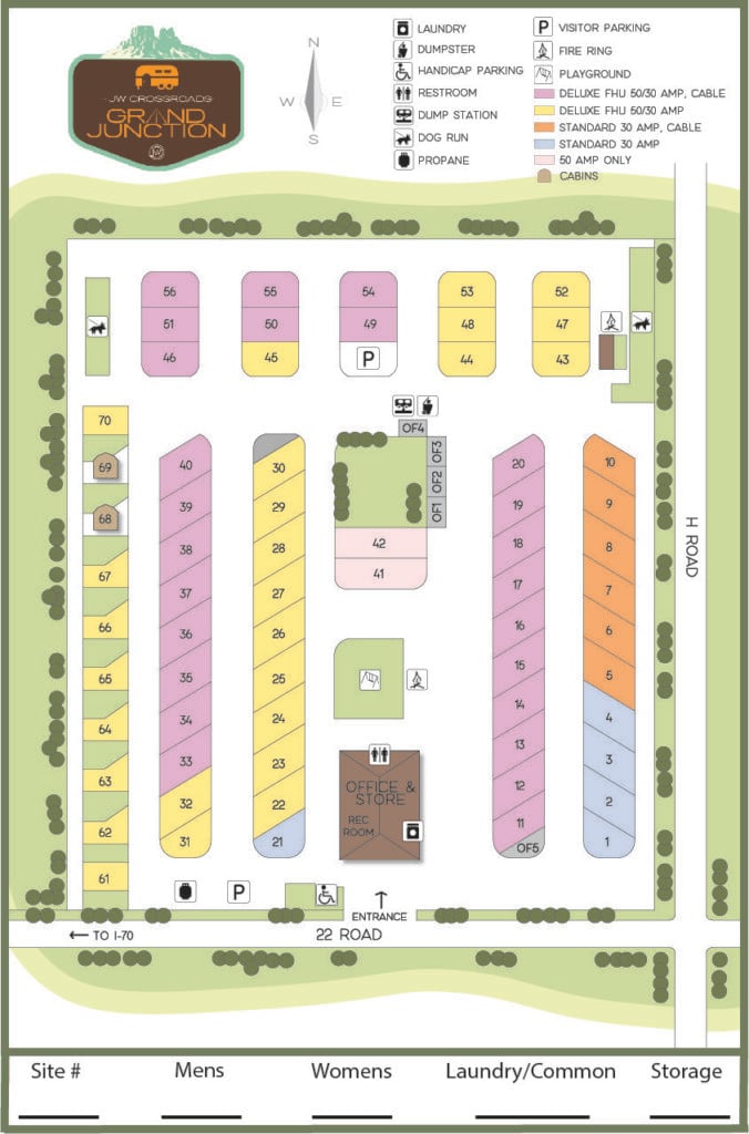 Campground site map showing numbered sites, labeled roads, amenities including laundry, dumpster, showers, parking, cabins, and office. Color-coded areas indicate different site types and utilities.