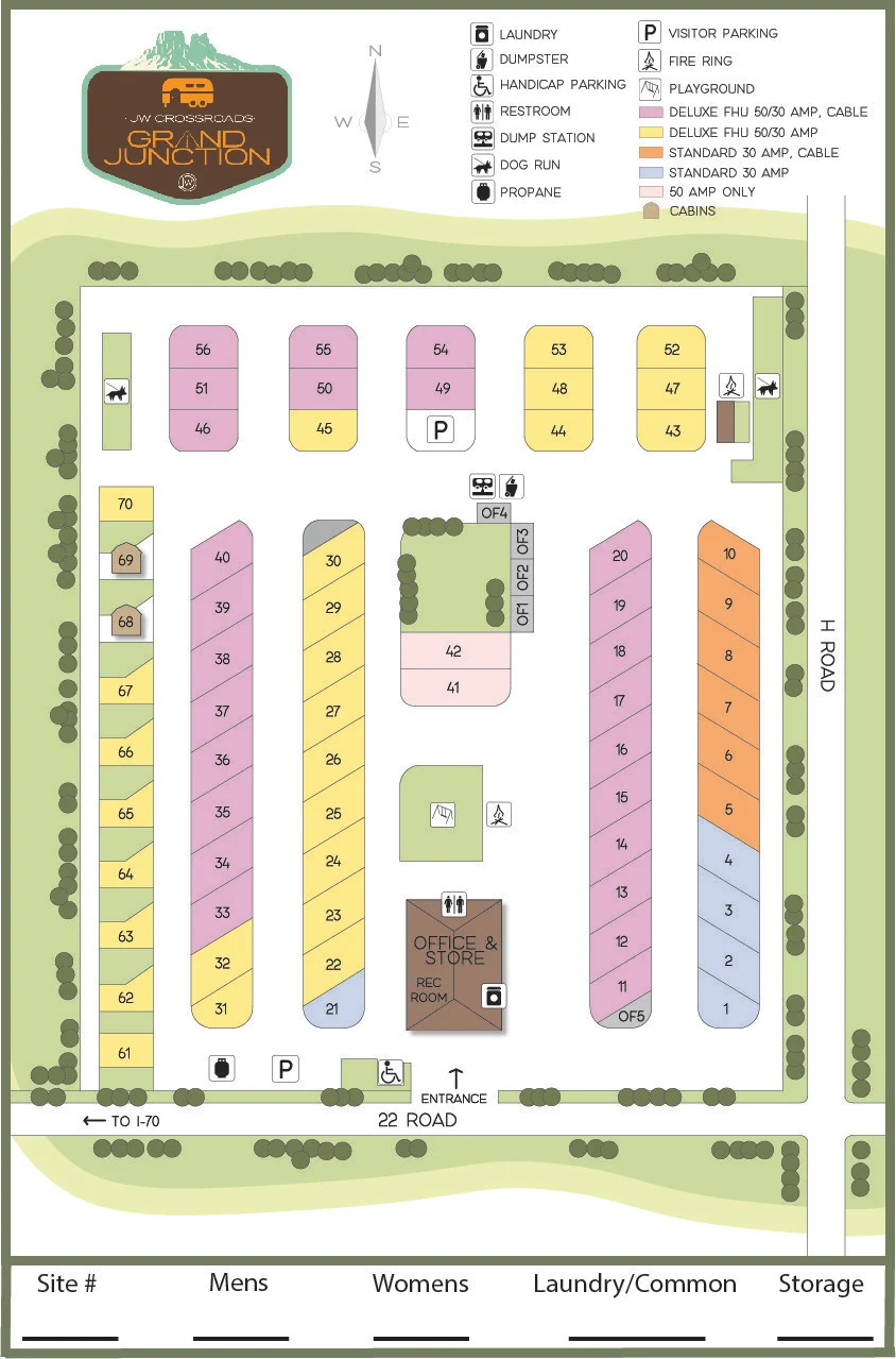 Map of a campground showing numbered sites, amenities, roads, parking, office, restrooms, laundry, propane, dump station, handicap parking, and cabins. Includes site type key and entrance.