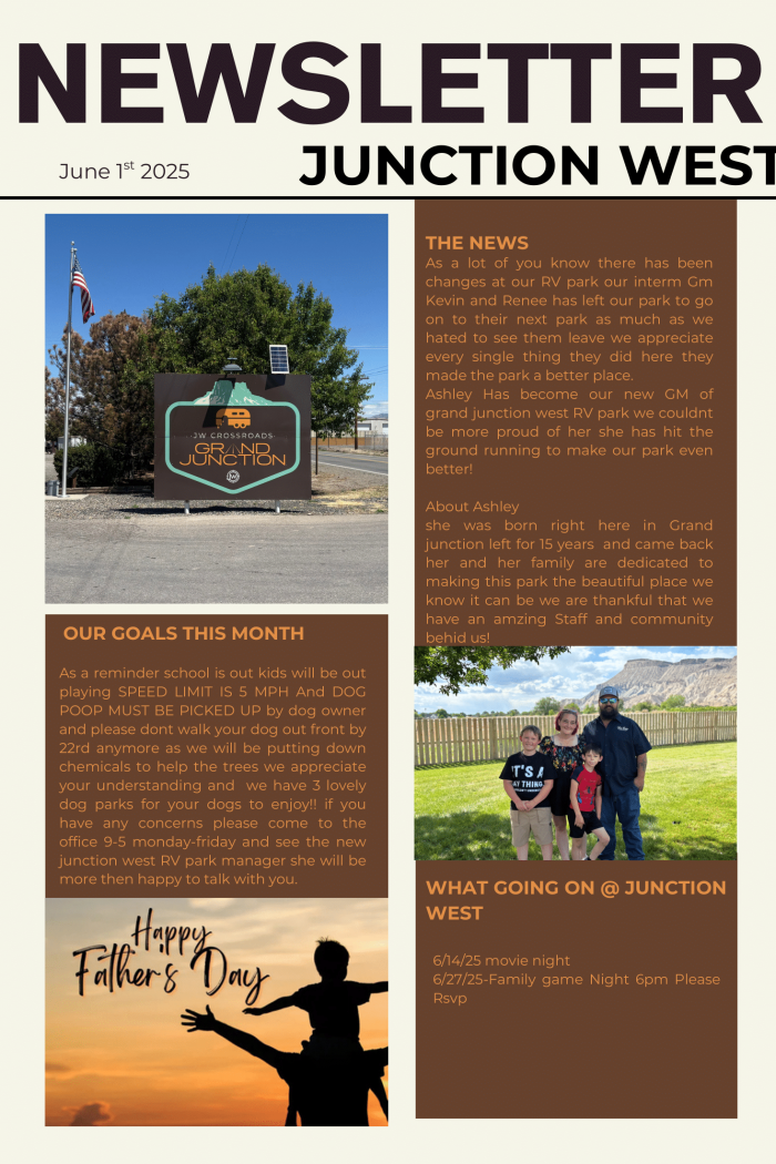 A newsletter for Junction West dated June 1, 2025, featuring images of the entrance sign, a family at sunset, and three people holding hands. Sections include the news, goals for the month, and upcoming events.