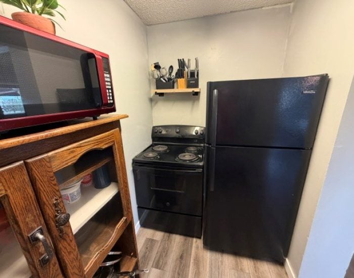 A kitchen corner featuring a black stove and refrigerator, with a microwave on a wooden cabinet and a wall-mounted knife block.